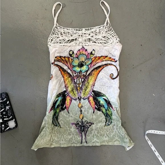 Boho Crochet-Trim Floral Spaghetti Strap Tank Top - White with Multicolor Print - Picture 2 of 4